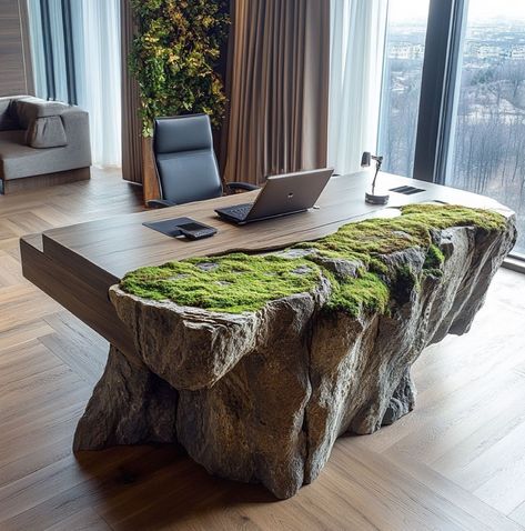 Stone Furniture Design, Earthy Desk, Rock Furniture, Stone Desk, Stone Furniture, Driftwood Art Diy, Fantasy Furniture, Moss Covered, Natural Structures