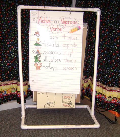 MINI ANCHOR CHART STAND I made a mini Anchor Chart stand with regular very cheap PVC pipe. Blank mini charts were purchased at JoAnn Fabrics for 99 cents each. I used large book rings to hang the charts so they can  be flipped as needed. Hanging Anchor Charts, Pocket Chart Stand, Math Interventionist, Class Calendar, Book Rings, Church Bulletin Boards, 5th Grade Classroom, Church Bulletin, 3rd Grade Classroom