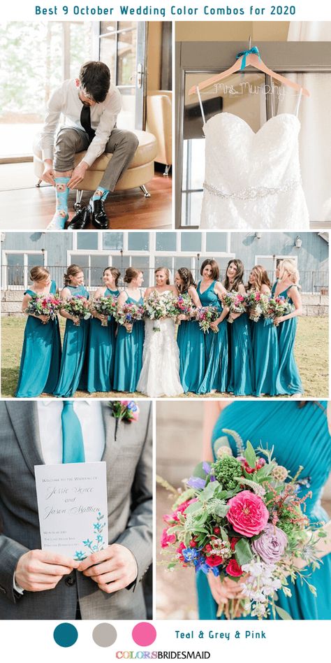 Teal + Grey + Pink Wedding: bridesmaids in teal dresses, bride in white gown, pink and purple wedding bouquets, white, grey and teal wedding invitations, groom and groomsmen in grey suits with teal ties. #tealweddings #weddings #weddingideas #bridesmaiddresses #fallweddings #colsbm #2020 Gray And Teal Wedding Colors, Teal Wedding Bouquet Ideas, Teal And Pink Wedding Colors, Teal And Lilac Wedding, Teal And Gray Wedding, Teal And Pink Wedding, Teal Wedding Ideas, Teal And Grey Wedding, Turquoise Wedding Theme