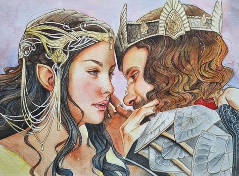 Arwen Aragorn the Lord of the Rings Tolkien Art Print | Etsy Arwen Aragorn, Aragorn And Arwen, Tolkien Art, Lotr Art, Elves And Fairies, Cartoon Books, Loving You, The Lord Of The Rings, Painted Books