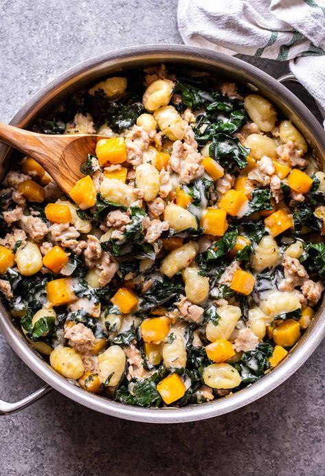 Kale Gnocchi, Butternut Squash Dinner, Squash Sausage, Butternut Squash Sausage, Balanced Dinner, Butternut Squash Kale, Sausage And Kale, One Pan Meal, Healthy Comfort