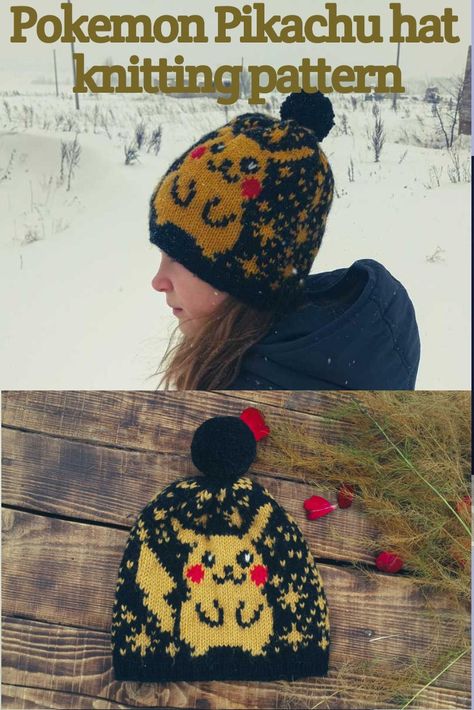 Pokemon hat, Pikachu hat pattern, Pokemon go fan, fair isle hat knitting pattern, yellow winter hat adult sizes Disney Knitting, Nerd Knitting Patterns, Pokemon Knitting, Pokemon Knitting Patterns Free, Knit Pokemon, Crochet Pokemon Hat, Crochet Pikachu Hat Pattern, Pokemon Hats Crochet, Pokémon Hat