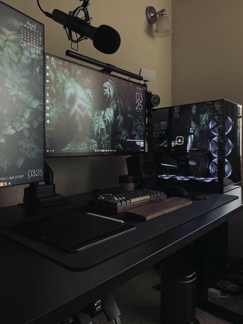 Dorm Room Ideas Black, Black Dorm Room Ideas, Black Dorm Room, Dorm Room Black, Room Ideas Black, Small Room Setup, Gaming Room Ideas, Gaming Desk Setup, Computer Desk Setup