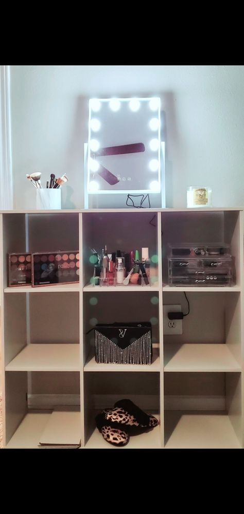 My DIY Vanity idea. Total cost $80(split between mirror & cubes) I love it! Vanity Diy Makeup, Vanity Bookshelf, Cube Organizer Ideas, Vanity Makeup Organization, 4 Cube Organizer, Organization Vanity, Vanity Diy, Diy Makeup Vanity, Makeup Organization Vanity