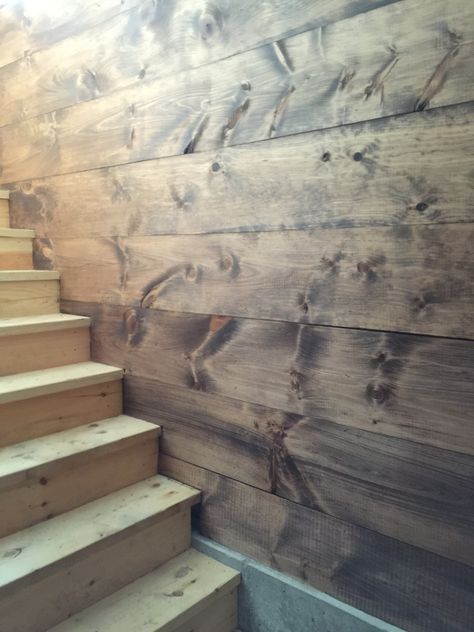 Modern Barn Project: Shiplap wall stained in Minwax Special Walnut Beadboard Porch Ceiling, Minwax Special Walnut, Stained Beadboard, Farmhouse Porch Swings, Stained Shiplap, Porch Pillars, Barn Bathroom, Stone Porches, Wall Stains