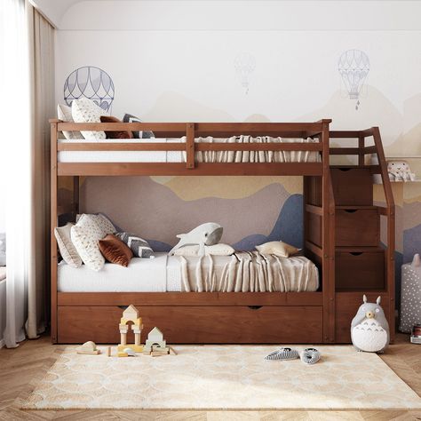 Discover the perfect solution for your bedroom with this Multifunctional Trundle Bunk Bed with Storage Stairs. This versatile piece seamlessly fits into any room decor, offering three stunning color options for a personalized touch. Full Size Bunk Beds, Storage Stairs, Trundle Bed With Storage, Solid Wood Bunk Beds, Platform Storage, Wooden Bunk Beds, Wood Bunk Beds, Bunk Beds With Stairs, Bed With Trundle