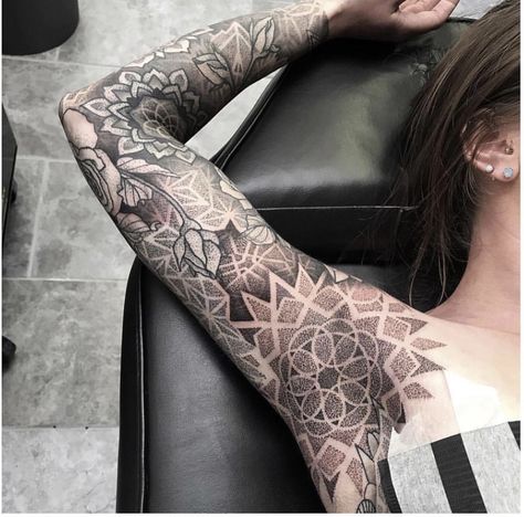 Womens Geometric Sleeve Tattoo, Full Sleeve Mandala Tattoos Women, Geometric Full Sleeve Tattoo Design, Full Arm Mandala Tattoo, Women’s Geometric Sleeve, Armpit Mandala Tattoo, Armpit Tattoo, Ornamental Tattoo, Geometric Mandala Tattoo