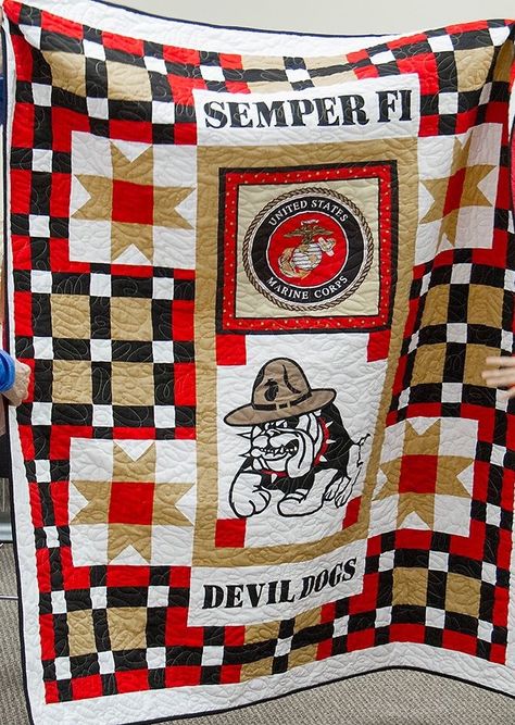 Marine corps quilt made by Quilts of Valor Foundation. Free to all veterans Marine Quilt Patterns, Marine Corp Quilt Patterns, Quilts Of Valor Patterns Ideas, Quilts Of Valor Patterns Free, Marine Quilt, Quilts Of Valor Patterns, Quilting Panels, Americana Quilts, Quilts Of Valor