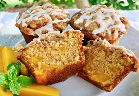 Peach Muffins With Crumb Topping, Peach Mango Muffins, Mango Coconut Muffins, Jumbo Peach Muffins, Raspberry Streusel Muffins Smitten, Mango Mango, Lactose Free Milk, Unique Fruit, Moist Muffins