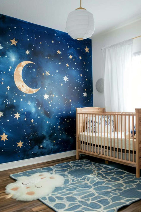 43 Accent Walls for Nursery Ideas to Transform Your Baby’s Room Space Nursery Ideas, Sky Themed Nursery, Starry Night Nursery, Kids Accent Wall, Baby Nursery Murals, Constellation Nursery, Night Sky Nursery, Beige Mom, Galaxy Nursery