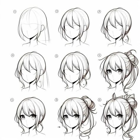 Hair Styles1 Step-by-step guide to drawing nine different anime hairstyles, showcasing diverse looks and styles. | Sky Rye Design Anime Hair 3/4 View, How To Draw Anime Hair Step By Step, Different Anime Hairstyles, Manga Hair Tutorial, Drawing Anime Head, Anime Character Design References, Practicing Anatomy, Easy Sketching, Sketching Skills