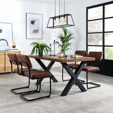 Franklin Industrial Oak Dining Table with 4 Carter Tan Leather Chairs | Furniture And Choice Grey Wood Dining Table, Industrial Dining Rooms, Kitchen Counter Backsplash, Counter Backsplash, Modern Industrial Home, Tan Leather Chair, Harvest Dining Table, Vintage Leather Chairs, Dining Area Ideas