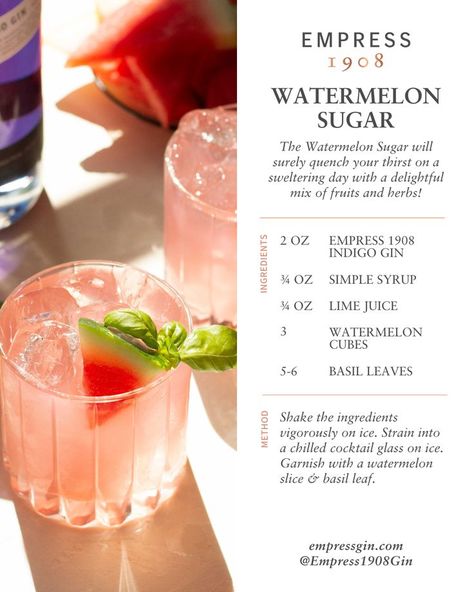 Nothing screams summer quite like a watermelon cocktail! 🍉 The Watermelon Sugar is the perfect cocktail to sip on the patio with a mix of juicy watermelon, lime, basil and a touch of sweetness 🙌 Explore more seasonal cocktail recipes on EmpressGin.com! Empress 1908 Gin, Watermelon Cocktail, Lime Basil, Juicy Watermelon, Seasonal Cocktail, Yummy Alcoholic Drinks, Watermelon Sugar, Creative Cocktail, Boozy Drinks