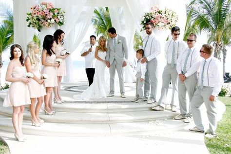 Beach wedding blush dresses / light gray suits: Wedding Ideas, Beach Wedding Suits, Light Grey Suits Wedding, Beach Wedding Groom Attire, Wedding Suits Men Grey, Mens Beach Wedding Attire, Beach Wedding Groomsmen, Beach Wedding Groom, Beach Bridesmaids, Grey Suit Wedding, Groomsmen Grey