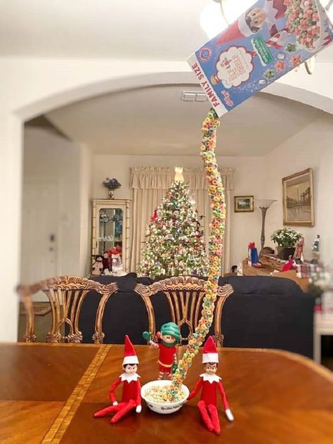 Elf Cereal, Elf Games, Pretty Christmas Decorations, Elf Magic, Awesome Elf On The Shelf Ideas, Elf Activities, Xmas Elf, Elf Antics, Elf Fun