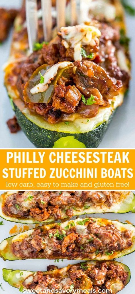 Philly Cheesesteak Stuffed Zucchini Boats are low carb, and a perfect healthy meal that includes zucchini, ground beef, bell pepper and cheese. #zucchini #zucchiniboats #phillycheesesteak #lowcarb #glutenfree #healthyrecipes #sweetandsavorymeals Zucchini Boats Beef, Turkey Stuffed Zucchini Boats, Turkey Stuffed Zucchini, Zucchini Ground Beef, Cheese Zucchini, Stuffed Zucchini Boats, Healthy Cheese, Stuffed Zucchini, Zucchini Boats