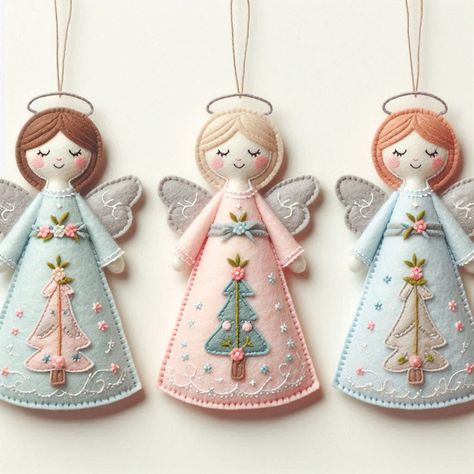 Felt Angels Christmas, Felt Angel Ornaments, Angel Ornaments Diy, Diy Felt Christmas Ornaments, Winter Garland, Felt Angel, Felt Crafts Patterns, Felt Crafts Christmas, Homemade Dolls