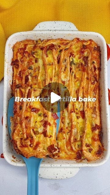 Emily Scott on Instagram: "BREAKFAST TORTILLA BAKE 🌯. Got some wraps in the cupboard that are going stale? Make this tortilla bake!

Simply fold up tortilla wraps, arrange in a baking dish with fillings of your choice (I went for cheese, bacon & spring onions), pour over whisked eggs, then bake until golden & crispy 😍.

It's so delicious, easy to prepare and you can flavour it with anything you like.

Recipe (serves 4):
🌯 Fold up 6 tortilla wraps into a fan shape, then arrange lengthways in a greased, medium-sized baking dish.
🧀 Add fillings of your choice in the folds. I added 80g grated cheddar, 4 cooked & chopped rashers of bacon and 2 chopped spring onions.
🥚 Whisk 2 large eggs with a pinch each of salt & pepper and any herbs/seasonings of your choice (I added chives), then pour o Folded Breakfast Tortilla, Tortilla Breakfast Bake, Breakfast Tortilla, Tortilla Bake, Emily Scott, Tortilla Shells, Instagram Breakfast, Egg Casserole, Tortilla Recipe