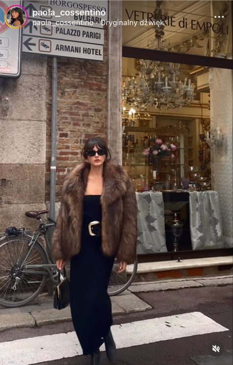 Fur Coat Party Outfit, Short Fur Coat Outfit Classy, Fur Stole Outfit Casual, Fur Jacket Dress Outfit, Silk Dress With Fur Coat, Black Fur Coat Outfit Casual, Short Brown Fur Coat Outfit, Russian Mob Wife Outfit, Fur Headband Outfit Winter