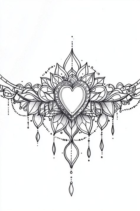 A detailed tattoo sketch of a heart with floral and ornamental designs, perfect for a chest tattoo. Women’s Full Chest Tattoo, Sternum Tattoo Designs For Women, Elegant Chest Tattoo, Chest Tattoo Men Ideas Unique, Heart Chest Tattoo Female, Chest Piece Tattoos For Women, Unique Chest Tattoo Female, Womens Chest Tattoo Ideas, Unique Sternum Tattoo Women