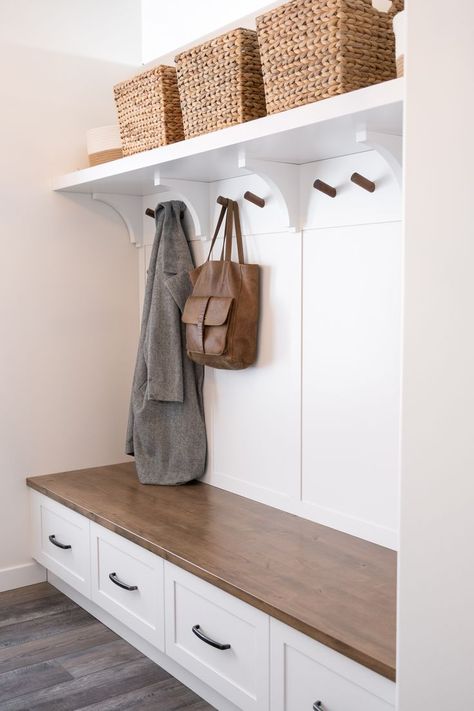 Built In With Bench, Entrance Renovation, Mudroom Shelves, Mudroom Shelf, Custom Mudroom, Entryway Storage Shelf, Built In Bench Seating, Entrance Bench, Small Mudroom Ideas