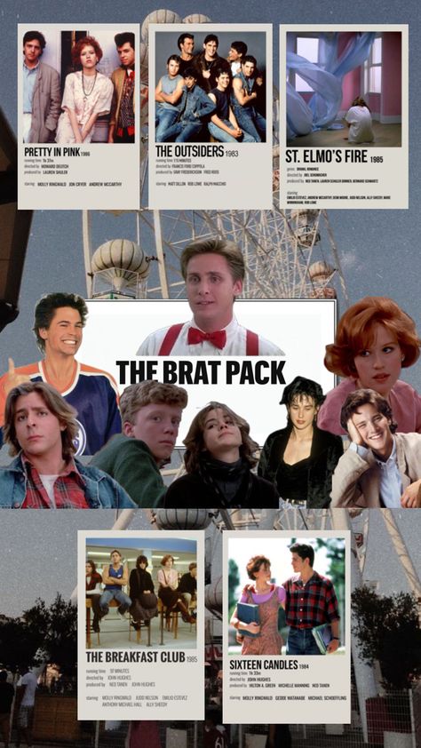 from left to right the actors are Rob Lowe, Judd Nelson, Anthony Michael Hall, Ally Sheedy, Demi Moore, Andrew McCarthy, Molly Ringwald, and Emilio Estevez is on top,because he was the unspoken president of the brat pack. 80s Movie Characters, John Hughes Movies, Jon Cryer, 90s Films, 80s Actors, The Outsiders 1983, Brat Pack, John Hughes, Teen Movies