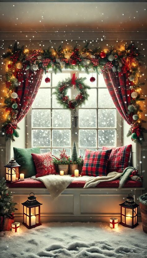 Christmas Decorating Bay Window, Christmas Garland Bay Window, Bay Window Christmas Lights, Christmas Bow Window Decorations, Big Window Christmas Decor Ideas, Bay Window Christmas Decorations, Christmas Bay Window Decorations Indoor, Decorating A Bay Window For Christmas, Window Garland Ideas