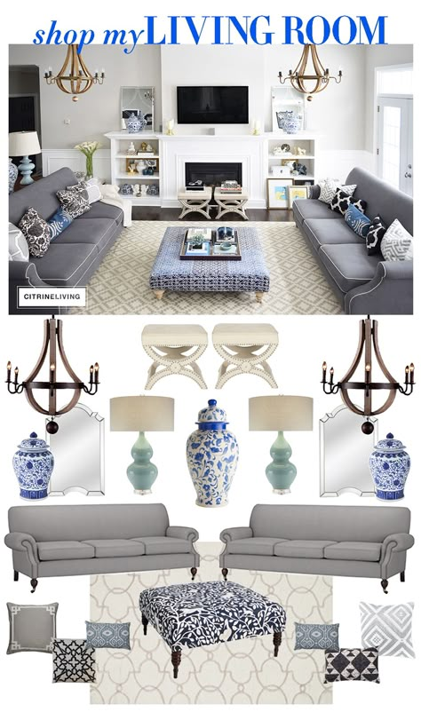 See how simple it to is to shop this living room! Transitional Blue And Gray Living Room, Living Room With Navy Accents, Blue Living Rooms Ideas, Glamour Living Room Decor, Living Room Mood Board, Room Mood Board, Navy Blue Living Room, Blue Living Room Decor, Coastal Living Rooms