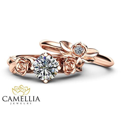 Moissanite Rose Engagement Ring Set 14K Rose Gold Matching Rose Gold Flower Ring, Rose Gold Bridal Set, Simple Rings, Solitaire Ring Set, Gold Flower Ring, Rings Ideas, Rose Motif, Rose Gold Bridal, Engagement Sets