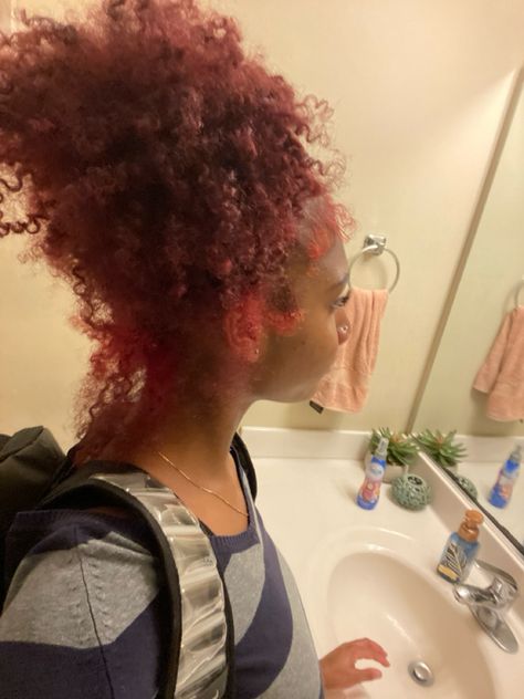 Dyed 4c Natural Hair, Red 4c Hair, Hair With Pink Streaks, Dark Wine Red Hair, Curly Hair Colour, Hair Color On Black Women, Color On Black Women, Magenta Hair Color, Hair Colour Inspo