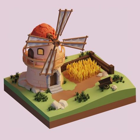 Simple Blender 3d Ideas, Isometric Village, Arabian Garden, Cube World, Windmill Design, Farm Games, House Games, Isometric Art, Low Poly Art