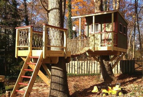 Treehouse With Bridge, Tree House Bridge, Tree House With Bridge, Treehouse Bridge, Treeless Treehouse, Bridge Entrance, Tree Forts, Tree House Playground, Diy Kids Playground