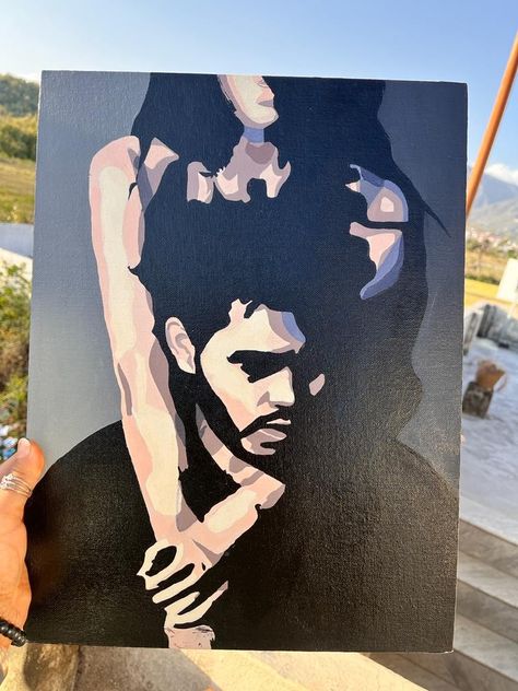 The Weeknd Art Drawing, The Weeknd Painting, Canvas Painting Patterns, The Weeknd Drawing, Weeknd Trilogy, The Weeknd Trilogy, Medium Acrylics, Black Background Painting, Stippling Art