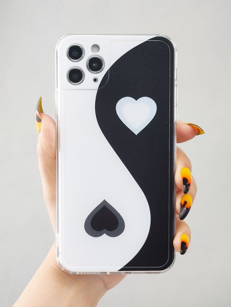 Black and White    TPU Heart Phone Cases Embellished   Phone/Pad Accessories Diy Phone Case Design, White Phone Case, Phone Covers Diy, Diy Iphone Case, Pretty Phone Cases, Cover Iphone, Black Phone, Aesthetic Phone Case, Aesthetic Phone