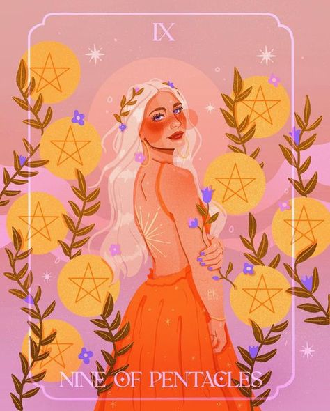 Nine Of Pentacles, Tarot Illustration, Tarot Card Artwork, Luxurious Things, Pentacles Tarot, Esoteric Art, Energy Art, Pentacles, Tarot Cards Art