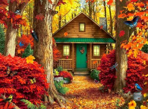 Log Cabin Painting, Cabin Painting, Jigidi Puzzles, Gem Art, Wall Decor Crafts, Cottage In The Woods, Easy Living, House Viewing, Cottage Art