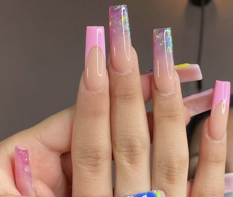 Coffin Glitter Nails, Clear Glitter Nails, Airbrush Nails, Ombre Acrylic Nails, Claw Nails, Cute Acrylic Nail Designs, Long Acrylic Nails Coffin, Long Square Acrylic Nails, Uñas Acrilicas