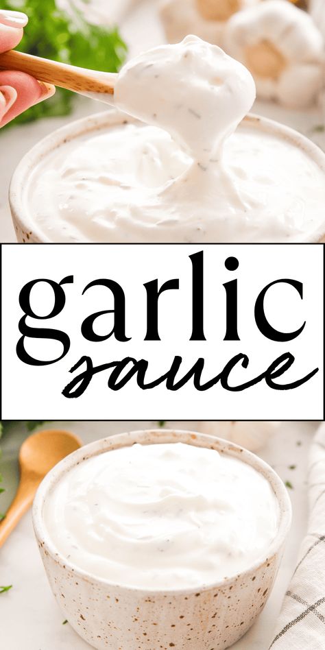 This Garlic Sauce recipe is the perfect homemade condiment! It's an ultra creamy garlic cream sauce that's packed with fresh garlic, and it's the perfect addition to grilled meats or veggies. Recipe from thebusybaker.ca! #garlicsauce #garliccreamsauce #creamygarlicsauce #garlicspread #condiment via @busybakerblog Keto Garlic Sauce, Cream Cheese Garlic Sauce, Sauce For Grilled Veggies, Homemade Creamy Garlic Sauce, Easy Creamy Garlic Sauce, Naf Naf Garlic Sauce Recipe, Diy Garlic Sauce, Worchester Sauce Recipe, Greek Garlic Sauce Recipe