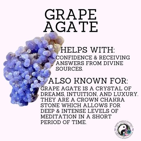 Grape Agate Crystal Meaning, Grape Agate Meaning, Learning Crystals, Interesting Crystals, Grape Crystal, Witchy Knowledge, Agate Stone Meaning, Fae Magic, Crystal Knowledge