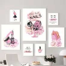 Beauty Salon Pictures Wall Art, Wall Decor For Nail Salon, Nail Salon Paintings, Wall Paper For A Beauty Salin, Nail Salon Quotes Wall Art, Fashion Canvas Art, Diy Mural, Ribbon Storage, Pink Perfume