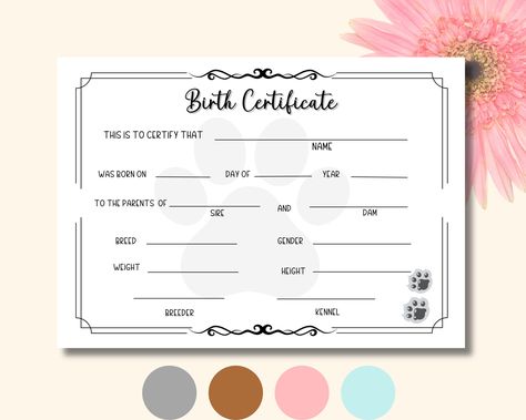 Puppy Birth Certificate, Dog Birth Certificate, Birth Forms, Dog Breeder Forms, Puppy Template, New Puppy Gift, Editable in Canva, PRINTABLE by SwagCornerShop on Etsy Dog Certificate, Puppy Birth Certificate, Dog Birth, Printable Products, Puppy Gifts, New Dog, Dog Breeder, Birth Certificate, Gifts For Dog Owners