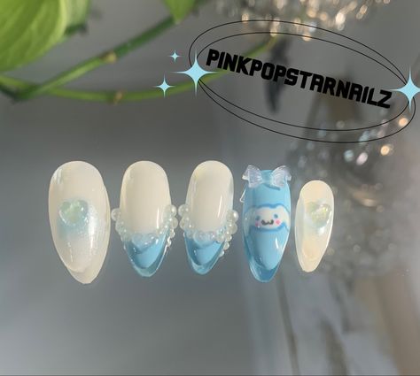 Blue Sanrio Nails, Cinnamoroll Nails Simple, Cinnamon Roll Nail Art, Blue Cinnamoroll Nails, Sanrio Nails Cinnamoroll, Cinnamonroll Sanrio Nails, Cinnamon Roll Nails Sanrio, Cinnamoroll Nail Art, Cinnamon Roll Nails