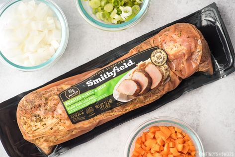 smithfield roasted garlic and herb pork loin in packaging with veggies in glass bowls on a table Garlic And Herb Pork Loin, Herb Pork Loin, Pork Loin Filet, Teriyaki Pork Tenderloin, Pork Tenderloin Medallions, Pork Kabobs, Crockpot Pork Loin, Grilled Pork Loin, Skillet Pork Chops