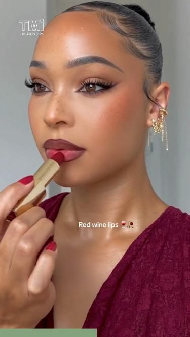 RED WINE LIPS💄| FALL Makeup  Ideas | Autumn Makeup Date Night Makeup Red Lips, Red Makeup Looks For Wedding, Red Dress Makeup For Black Women, Makeup For Red Wine Dress, Maroon Lipstick Makeup Black Women, Wine Lip Makeup Look, Makeup For Black And Red Dress, Black And Red Date Night Outfit, Bronze Makeup Red Lip