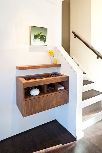 Charging Stations Lead Tidiness Battle Apartment Entryway Ideas Narrow Hallways, Minimalist Staircase, Woodwork Plans, Floating Shelf With Drawer, Modern Foyer, Apartment Entryway, Entry Furniture, Floating Cabinets, Maker Space