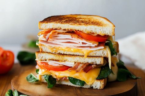 Turkey Melt with Cheddar, Spinach, and Bacon Turkey Melt Sandwich, Turkey Melt, Spinach And Bacon, Deli Turkey, Light Salad, Best Turkey, Hot Sandwich, Sliced Turkey, Cheddar Soup