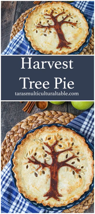 Harvest Tree Pie in a blue pie dish. Druid Harvest Pie, Harvest Pie Recipe, Harvest Tree, Individual Pies, Healthy Cheesecake, Vegan Pie, Baking Items, Autumn Recipes, Favorite Pie