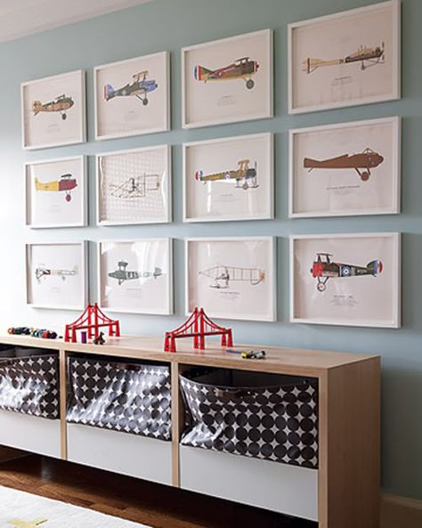 sophisticated boys room, little green notebook, jennifer chused nyc apartment 2 | Flickr - Photo Sharing! Vintage Airplane Prints, Airplane Room, Airplane Wall Art, Playroom Wall Art, Vintage Airplanes, Playroom Wall, Boy Bedroom, Big Boy Room, Boys Bedrooms