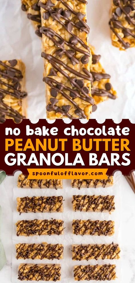 Looking for easy snacks to make? Here's a simple sweet treat to satisfy your craving! Kids and adults will love these No Bake Peanut Butter Chocolate Granola Bars that are thick, chewy, and full of flavor. Save this homemade granola recipe! Peanut Butter Granola Bar Recipe, Chocolate Peanut Butter Granola, Peanut Butter Granola Bars, Homemade Granola Bar Recipe, Homemade Granola Bars Healthy, Easy Granola Bars, Chocolate Granola Bars, Easy Homemade Granola, No Bake Granola Bars