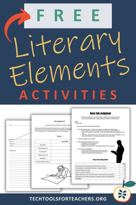 Teaching literary elements for middle & high school is fundamental for studying & analyzing literature. These FREE lessons range from plot outlines to visual thinking routines & group project rubrics. Includes: Plot notes for Any Novel, Plot Project, Character Analysis Essay, Corrections Worksheet, Book Talk Guidelines & Rubric, Visual Thinking Routine, Group Project Rubric with Self Evaluation & Group Evaluation and MORE! Head to techtoolsforteachers.org for these resources 📌 Please Re-Pin for Literary Elements Activities, Analyzing Literature, Character Analysis Essay, Teaching Literary Elements, Project Rubric, Self Evaluation, Rhetorical Analysis Essay, Personal Statement Examples, Tpt Ideas